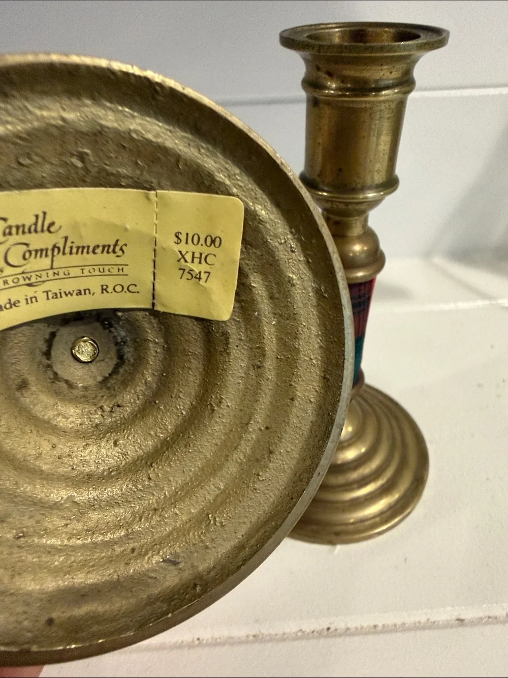 Brass Tartan Accent Candlestick Pair - Unbranded
